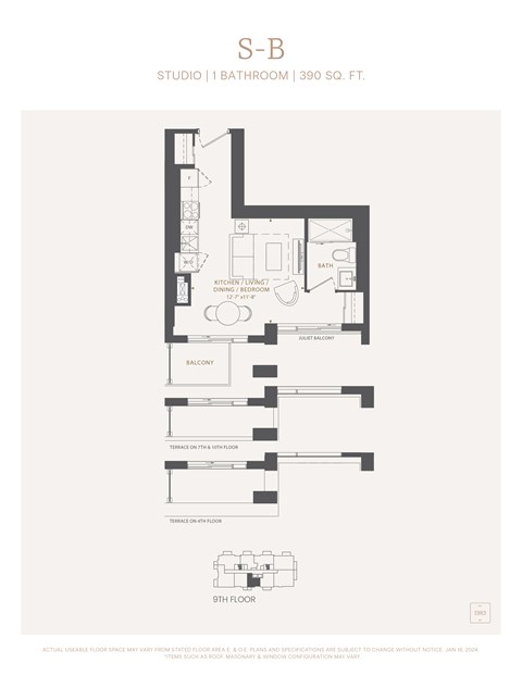 Floor plan for studio, 1 bath, 390 sqft
